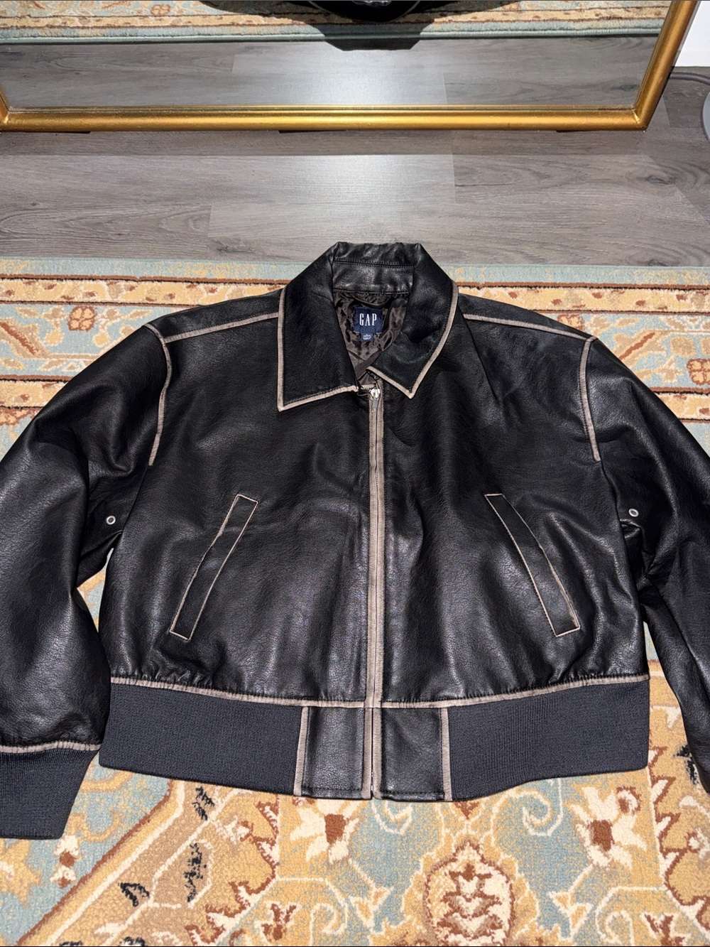 GAP Black Leather Bomber Jacket with Contrast Tan Piping